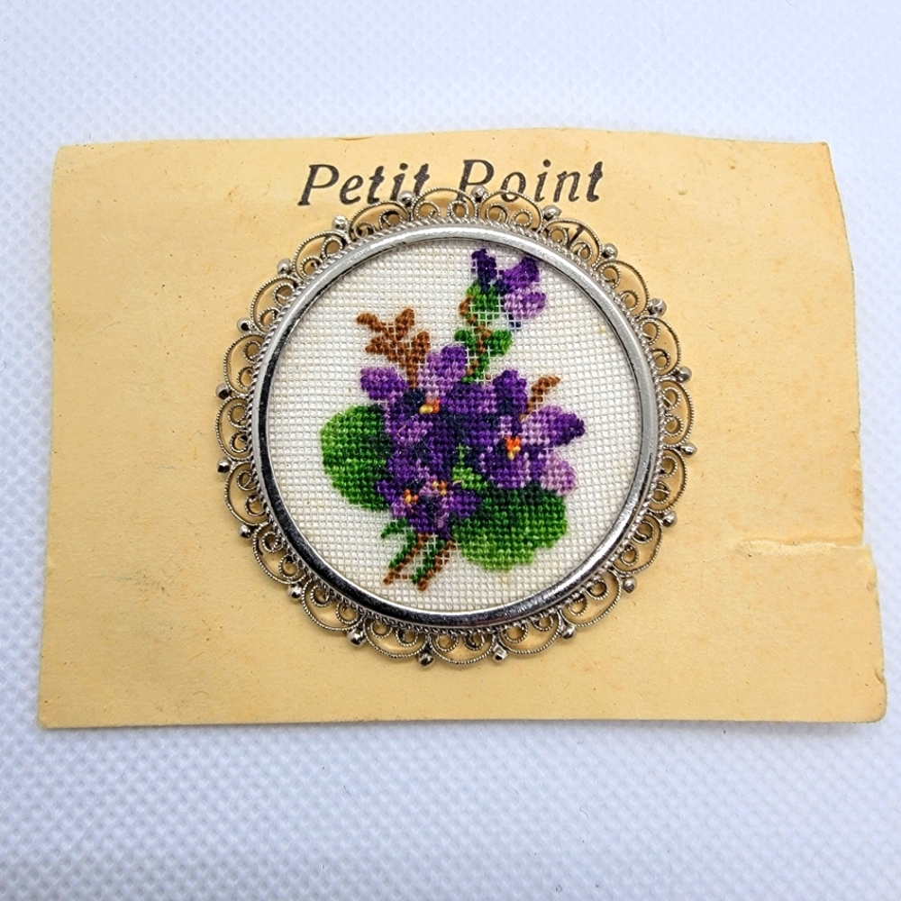 Vintage Petit Point Embroidered Brooch Pin Handmade in Vienna